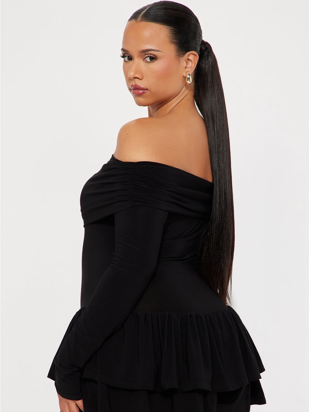 Fashion Nova Black One-Shoulder Tiered Peplum Dress